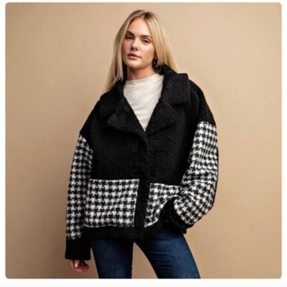 Solid Cozy Teddy and Houndstooth Mixed Jacket with Snap Buttons-NEW-SIZE: MEDIUM - Picture 3 of 3